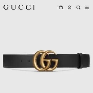 Gucci Black Leather Belt with Antique Gold Double G Buckle